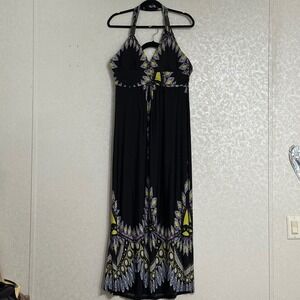 Cristina Love Black Halter Maxi Dress Geometric Print Sleeveless Empire Waist XS